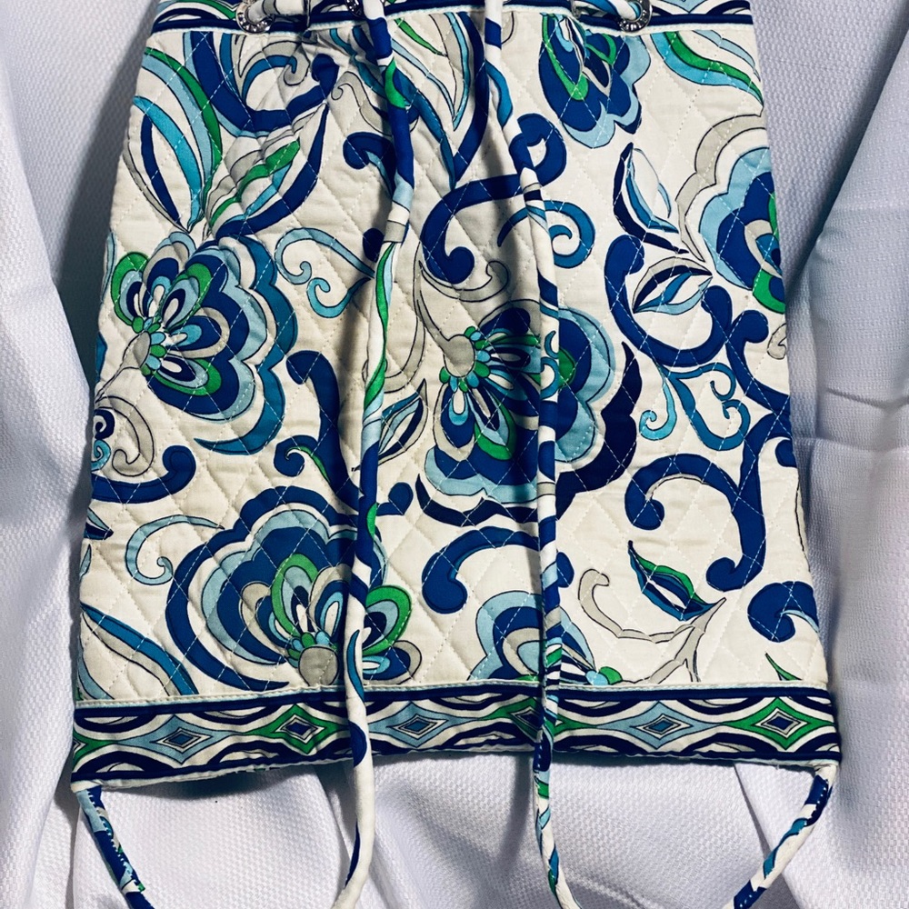 Vera Bradley Drawstring Backpack Blue White Green - Picture 2 of 16